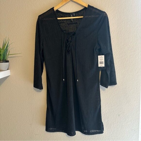 Portocruz Black Lace-Up Swim Cover-Up Tunic M NWT Resort Beach Boho Chic - Picture 2 of 12